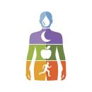 Color-banded human silhouette with icons for hydration, sleep, nutrition and exercise stacked from head to feet on a white background