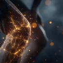 Close-up of a human knee joint rendered with glowing golden plexus lines and particles against a dark background