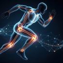 Scientific illustration of a sprinting skeletal figure with glowing knee and ankle joints and network connections