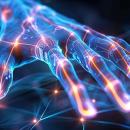Blue holographic hand with glowing orange nerve pathways along the fingers, depicting peripheral neuropathy