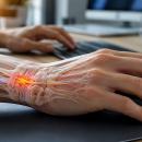 Hand resting on a computer mouse with the wrist’s bones and tendons shown in translucent overlay and a red glow at the carpal tunnel — Orthopedics 201, upper extremity nerve entrapment syndromes