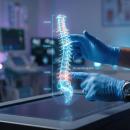 Clinician in blue gloves and scrubs adjusting a glowing holographic spine projected above a tablet in a clinic — Orthopedics 210, inflammatory properties of contained and non-contained disc disease