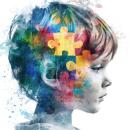Profile of a young child with watercolor splashes and puzzle pieces painted across the head — a picture of the developing brain examined in Pediatrics 216, a pediatric ADD/ADHD chiropractic CE course from CCEDseminars