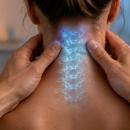 Clinician's hands palpating the back of a patient's neck with a glowing illustration of the cervical vertebrae overlaid on the skin — the cervical spine examination, the subject of Physical Examination 202: Neck and Upper Extremities, a two-hour chiropractic CE course from CCEDseminars