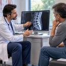Chiropractor in a white coat pointing with a pen at a sagittal lumbar spine MRI on a desktop monitor while a seated patient leans in to look, with spine and pelvis models on the desk — the lumbar spine examination consult, the subject of Physical Examination 203: Lumbar Spine and Lower Extremity, a two-hour chiropractic CE course from CCEDseminars