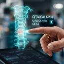 Clinician's finger touching a glowing holographic cervical spine projected above a tablet, the C4–C5 disc highlighted in red beside a heads-up readout of the neck pain point — the cervical spine examination, the subject of Physical Examination 205: Cervical Spine, a two-hour chiropractic CE course from CCEDseminars