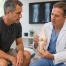 Clinician in a white coat and blue scrubs explaining a knee joint model to a seated patient while joint radiographs glow on a monitor behind them — the case-based examination and report of findings at the heart of Physical Examination 212: Clinical Pearls in Uncommon Cases, a two-hour chiropractic CE course from CCEDseminars